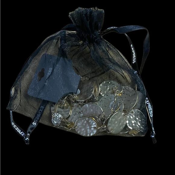 Express Gold Tone Double Layer Hammered Disc Statement Necklace NEW - Picture 3 of 11